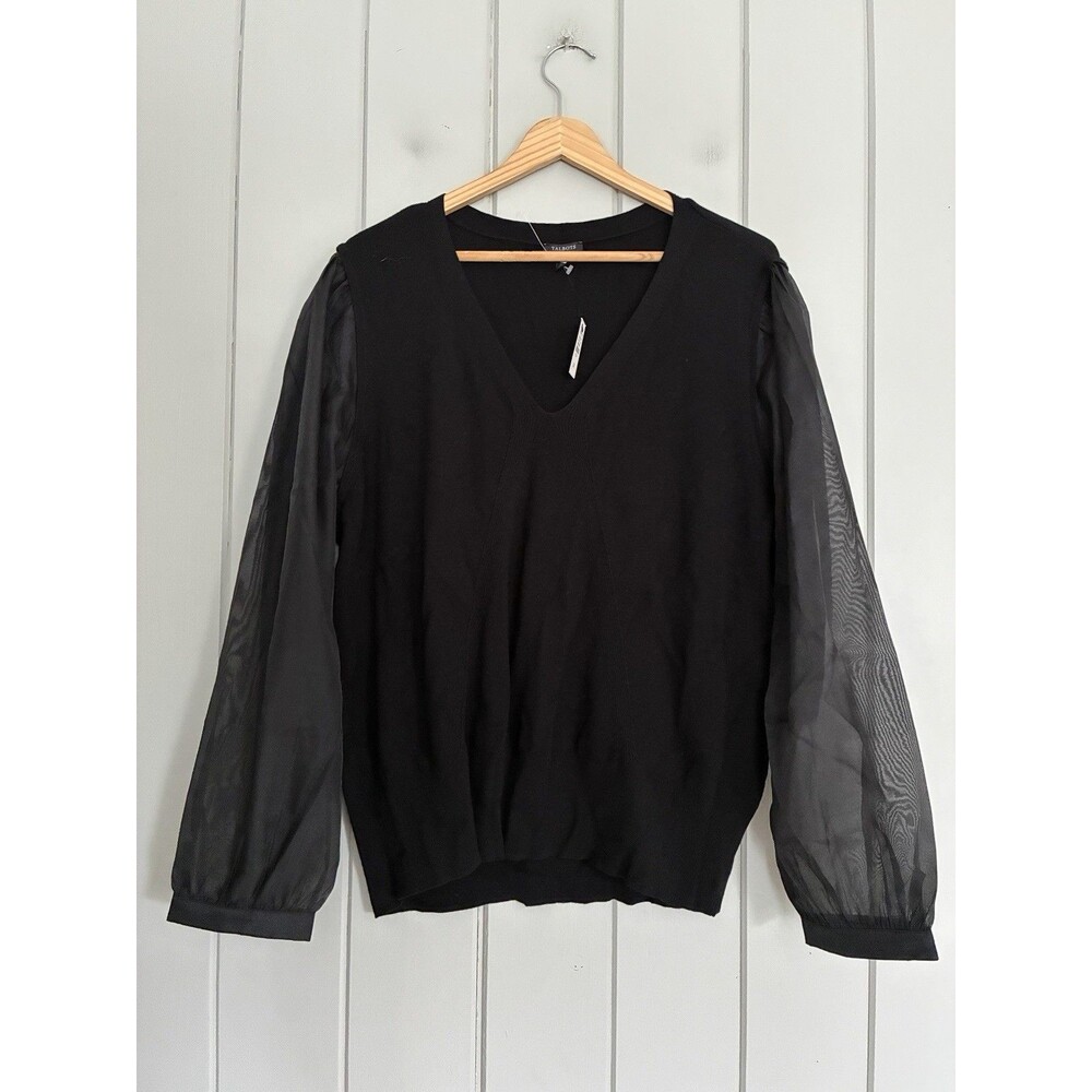 NWT Talbots Top 2X Plus Black Sweater Knit Sheer Sleeves Elegant V-Neck NEW